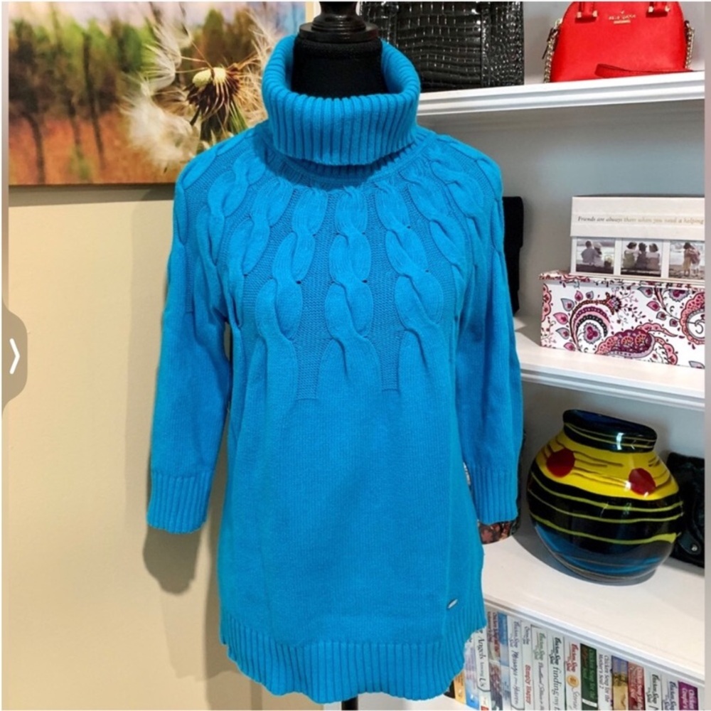 ESCADA Sport Cotton Cable Knit 3/4 Sleeve Turtleneck Sweater